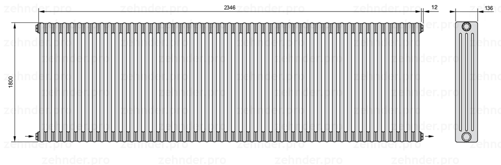 Схема (чертеж) Радиатор Zehnder Charleston 4180/51 №2670 Белый глянцевый RAL 9016